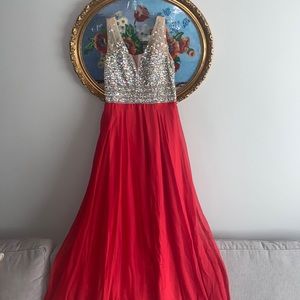 JVN by Jovani sparkly red A-Line evening gown